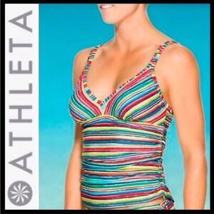 Athleta Montego Stripe Ruched Side Tie Tankini Top 32 D/DD
